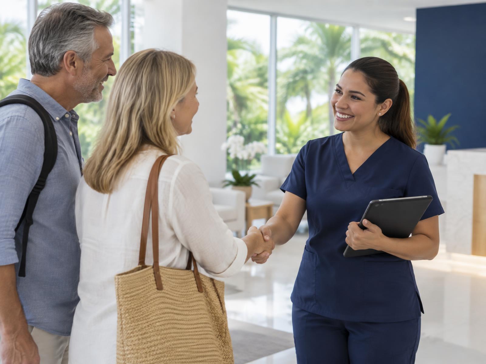 A Clínica Bíblica patient coordinator welcoming an international couple in a bright hospital lobby in Costa Rica